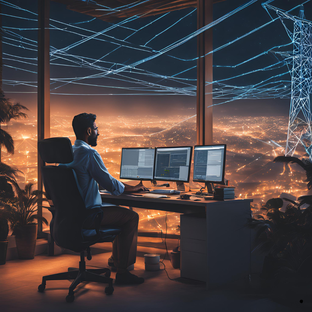 Man in office with powerlines showing The Importance of Energy Procurement for Businesses